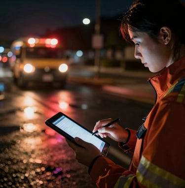 Close-up of a Paramedic using an app on a mobile phone at an emergency site.