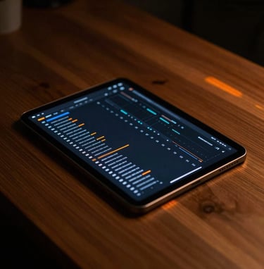 Sleek tablet screen on a clean wooden desk showing active database connections, moody low-key lighting with sharp orange light leaks, dark editorial style, 35mm