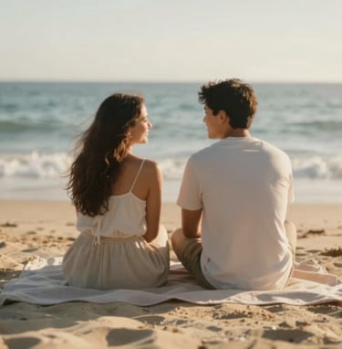 A cinematic shot of a couple sitting on a beach blanket, sharing a quiet moment. The environment is sun-drenched with soft sand colors, and the ocean is a gentle blur in the background. The lighting is golden hour, evoking genuine connection.