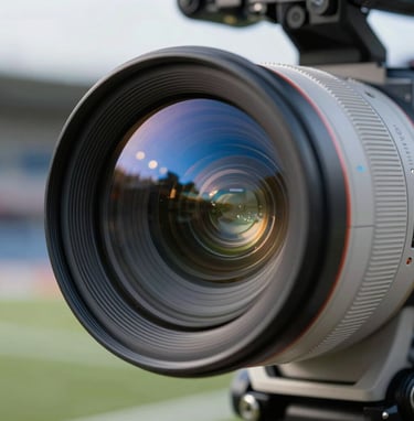 A macro close-up of a high-end professional cinema camera lens reflecting the blue stadium lights of a North American sports arena, sharp focus on the glass elements, metallic textures in light gray.
