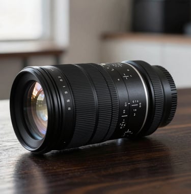 High-end professional camera lens on a dark wood table in a sunlit São Paulo design studio. Sharp reflections, minimalist arrangement, elegant and serene atmosphere with subtle baby blue highlights.