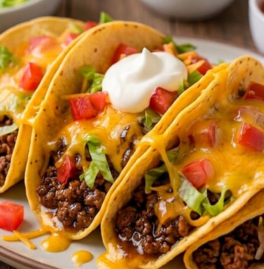 Three hard shell ground beef tacos topped with melted cheddar cheese, lettuce, tomatoes, and sour cream.