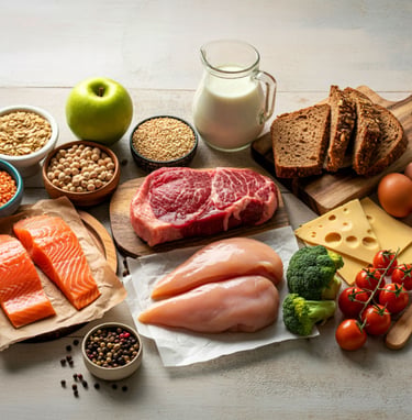 A variety of high-protein healthy foods including fresh salmon, chicken breast, raw steak, eggs, and lentils.