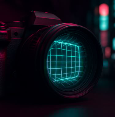 A close-up photograph of a camera lens reflecting a glowing cyan neon grid in a dark East Asian / Korean urban setting. The lighting is moody with magenta accents on the camera body.