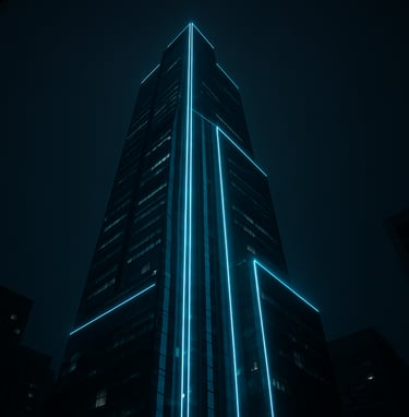A low-angle cinematic shot of a futuristic skyscraper in a Korean urban district. The architecture is illuminated by vertical cyan light strips against a deep charcoal night sky.