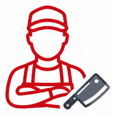 Icono en linea roja de un carnicero con delantal y gorro, sosteniendo un cuchillo de carnicero