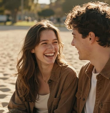 A candid close-up of a young couple laughing together in a sun-drenched North American / US park. Warm sunlight creates a cinematic glow, highlighting authentic emotion. Soft Sand and Warm Brown tones in their clothing.