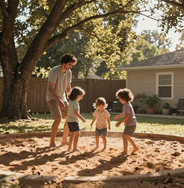 A heartwarming lifestyle shot of a family playing in a North American / US backyard. Sunbeams filter through the trees, casting a golden light. The style is cinematic and authentic, with Terracotta and Soft Sand elements in the environment.