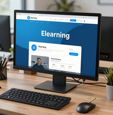 A sharp, professional photograph of a modern North American / US office desk setup, focusing on a monitor displaying a vibrant eLearning module with Sky Blue UI elements and Steel Blue graphics.