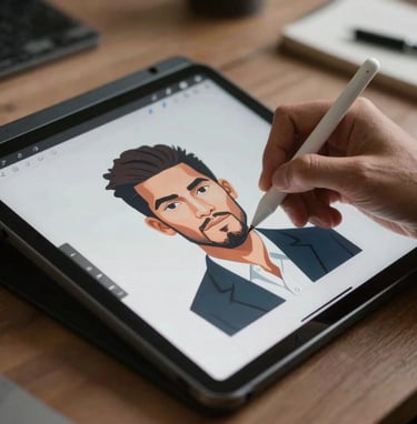A close-up photograph of a digital artist's hand using a stylus to draw a stylized, professional portrait on a sleek tablet in a creative North American / US studio, with soft ambient light.
