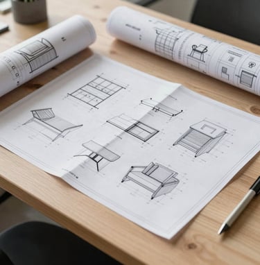A detailed close-up shot of technical interior design blueprints laid out on a clean, light wood surface. The drawings show precise furniture measurements and architectural details, captured with sharp focus in a Northern European professional setting.