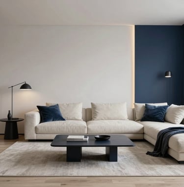 A high-end, photorealistic 3D visualization of a modern minimalist living room in a Baltic apartment. The scene showcases custom-built furniture, sophisticated lighting, and a palette of Off-white and Dark Blue tones.