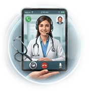 Female doctor providing a telehealth consultation via tablet with a stethoscope overlay.