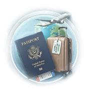 International travel concept with a US passport, rolling luggage, and airplane flying over a globe.