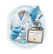 Scientist in a lab using a pipette with a stem cell therapy vial and microscope.