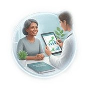 A healthcare professional showing positive health data on a tablet to a smiling female patient.