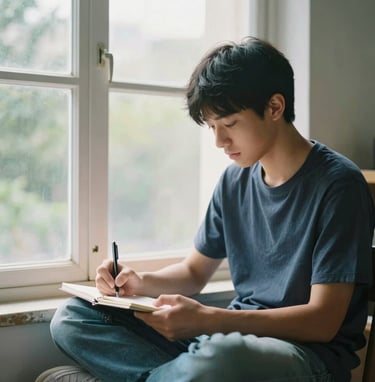A high school student sits comfortably by a wide window at home, writing in a notebook in soft, natural daylight, calm expression.