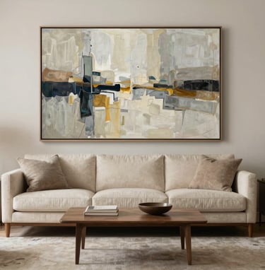 An elegant, uncluttered view of a North American living room featuring a large abstract painting by Allison Egli on the wall. The furniture is mid-century modern in cream and stone tones.