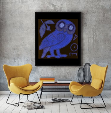 Modern living room with yellow wingback chairs and framed blue owl wall art on a concrete wall.