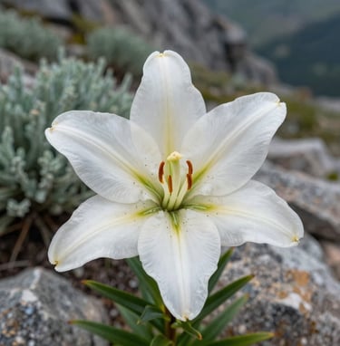 A close-up photograph of a wild white lily blooming on a rocky North American mountain slope. The lighting is soft and natural, highlighting the textures of the petals against a background of sage green foliage. A clean, sophisticated composition that evokes a sense of peace.