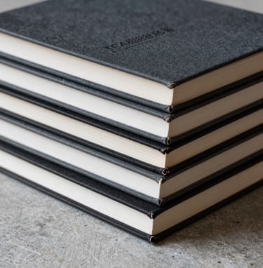 A vertical detail shot of a stack of archival photography monographs bound in black and deep gray fabric. The books are neatly aligned on a light gray stone surface. Soft, directional light highlights the paper texture and clean edges. North American / European aesthetic.