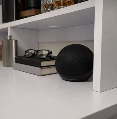  Compact smart speaker resting on a white shelf beside stacked books, glasses, and home decor
