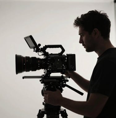 A professional cinematographer in a North American / US studio setting, silhouetted against a soft off-white light source while operating a premium camera rig. Deep black and charcoal grey tones dominate the sleek composition.