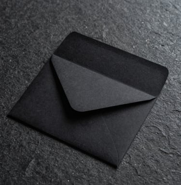 A minimalist, square-formatted photograph of an elegant black wedding invitation envelope resting on a dark, textured stone surface. Soft, professional studio lighting highlighting the edges. European style.
