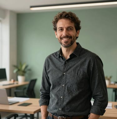 A professional portrait of a design expert in a modern Brazilian studio setting. The atmosphere is professional and contemporary, with natural light filtering through the space. The color palette includes charcoal and sage green accents in a clean, minimalist office.