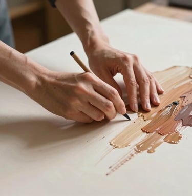 A soulful photograph of a woman's hands working on a large canvas, with soft natural light highlighting the texture of the pale cream paper and vibrant earth-toned strokes.