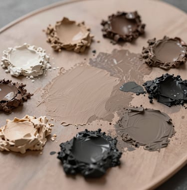 An artistic close-up photograph of a palette with smears of muted taupe, warm beige, and deep earth charcoal paint, arranged in an organic and elegant composition.