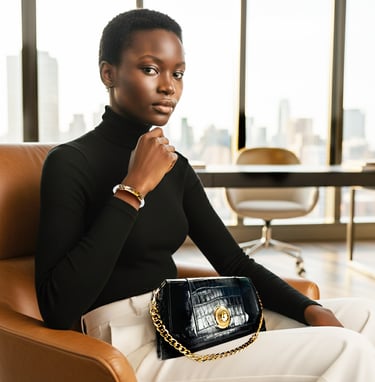 A stylish woman in a black turtleneck holds a black croc-effect handbag with a gold chain.