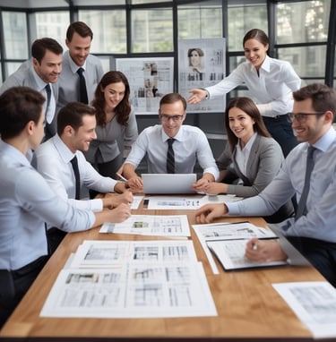 A focused business meeting where a team discusses growth strategies using charts and laptops.