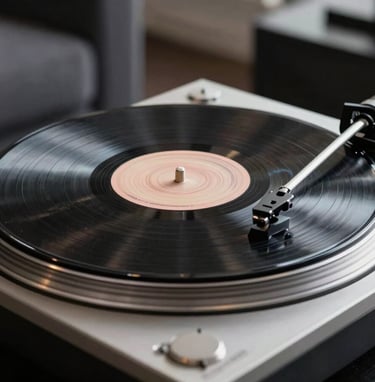 A close-up of a high-end vinyl record spinning on a premium turntable. The scene is set in a modern, dark living space in the US, featuring sleek gray textures and cinematic lighting that emphasizes the movement and quality.