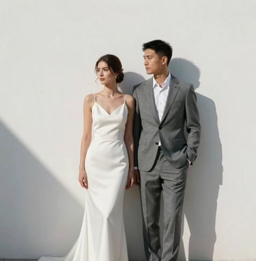 A modern wedding couple in a minimalist outdoor setting in Bodrum. The bride is in a simple, elegant white dress and the groom in a grey suit. They are standing against a clean white wall with sharp shadows from the Mediterranean sun. Professional photography style.