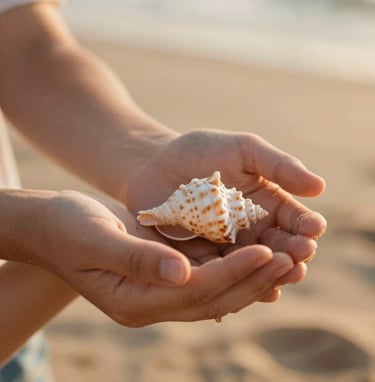 A close-up shot of a father and child's hands holding a small seashell. The background is a soft-focus beach with warm sand tones. The lighting is golden-hour sunlight, creating a warm and heartfelt atmosphere with a shallow depth of field.