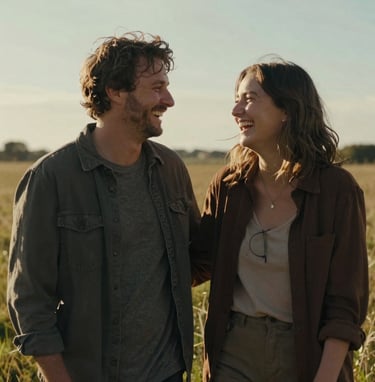 A vertical, medium shot of a couple laughing together in a sun-drenched meadow. The lighting is warm and golden, highlighting their authentic expressions. They are dressed in earthy tones like charcoal and dark brown. The style is candid and cinematic.