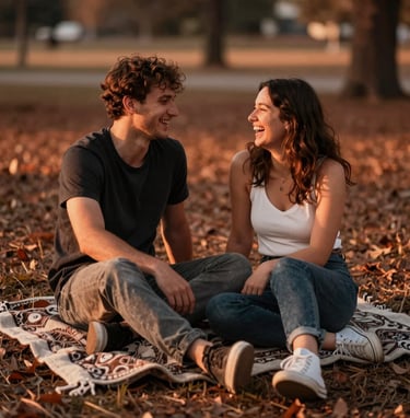 A candid photography shot of a couple sitting on a vintage charcoal blanket in a park, laughing together, bathed in warm terracotta sunset light, very shallow depth of field, lifestyle photography style.