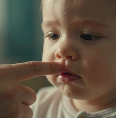 A close-up, cinematic shot of a toddler's hand holding a parent's finger, warm sun-drenched lighting, soft-focus background with hints of teal green foliage, highly emotional and authentic.