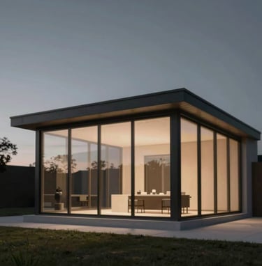 A minimalist exterior view of a residential pavilion at twilight. Large glass panes reflect the deep #2F2E2E sky, while the interior glows with a soft #D9D2C7 light. The structural frame is a sharp, precise #6B6760.