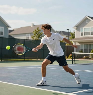 Action shot of a young athlete on a tennis court in a modern North American suburban setting, bright natural light, clean composition focusing on a tennis racket and movement.
