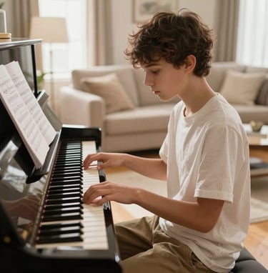 A young student sitting at a sleek piano in a sunlit North American living room, focusing on sheet music, sophisticated and peaceful mood, with light beige and tan tones.