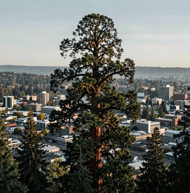 An aerial wide shot looking over the top of a massive sequoia tree toward the Willamette Valley, showing the contrast between the ancient tree and the modern city grid of Eugene, serene atmosphere, gray blue and sage green tones.