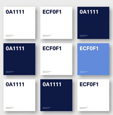 A collection of corporate identity brand guidelines and stationery laid out in a grid. The design is minimalist with bold typography. The color palette incorporates #0A1118 and #ECF0F1. Flat lay composition, sharp focus, clean studio lighting.
