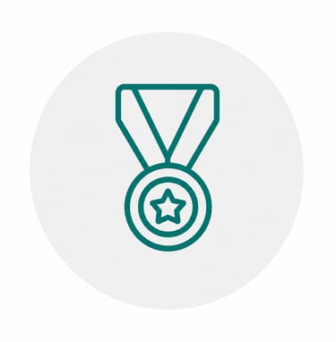 A teal line art icon of a winner's medal with a star and ribbon on a circular background.