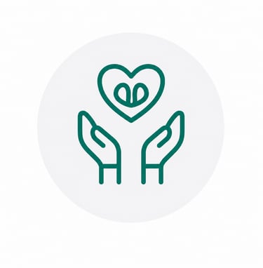 Green line icon of hands holding a heart with leaves representing healthcare and wellness.