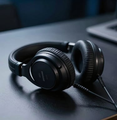 Close-up photography of professional studio headphones resting on a sleek dark desk, cinematic lighting with soft pale gray highlights in a dark blue environment. International / Global.