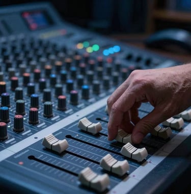 A detailed shot of a hand adjusting a fader on a high-end mixing console in a dark, atmospheric studio setting, moody deep blue tones. International / Global.