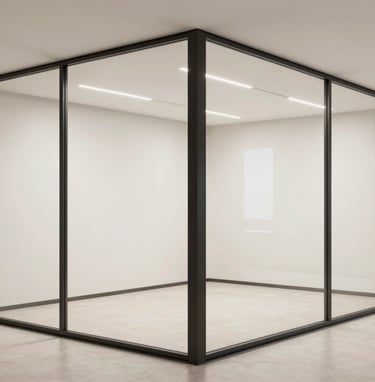 A clean, eye-level shot of a minimalist steel and glass partition wall installed in a high-end office. The steel frames are charcoal black, the glass is crystal clear. The background shows a soft off-white interior with modern architectural lines.