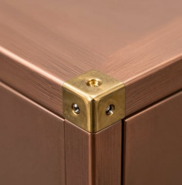 A macro photograph of a brushed brass corner joint of a luxury furniture piece. The metal is smooth with a soft muted copper sheen. The lighting is focused and warm, highlighting the seamless craftsmanship and industrial elegance.